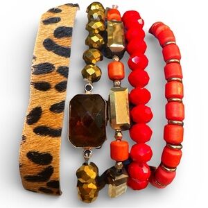 Leather Hair on Hide Leopard and Red Beaded Stretch Bracelet Set